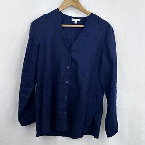 Eileen Fisher Womens Irish Linen Tunic Button Down Shirt V -Neck‎ Navy Blue Sz S